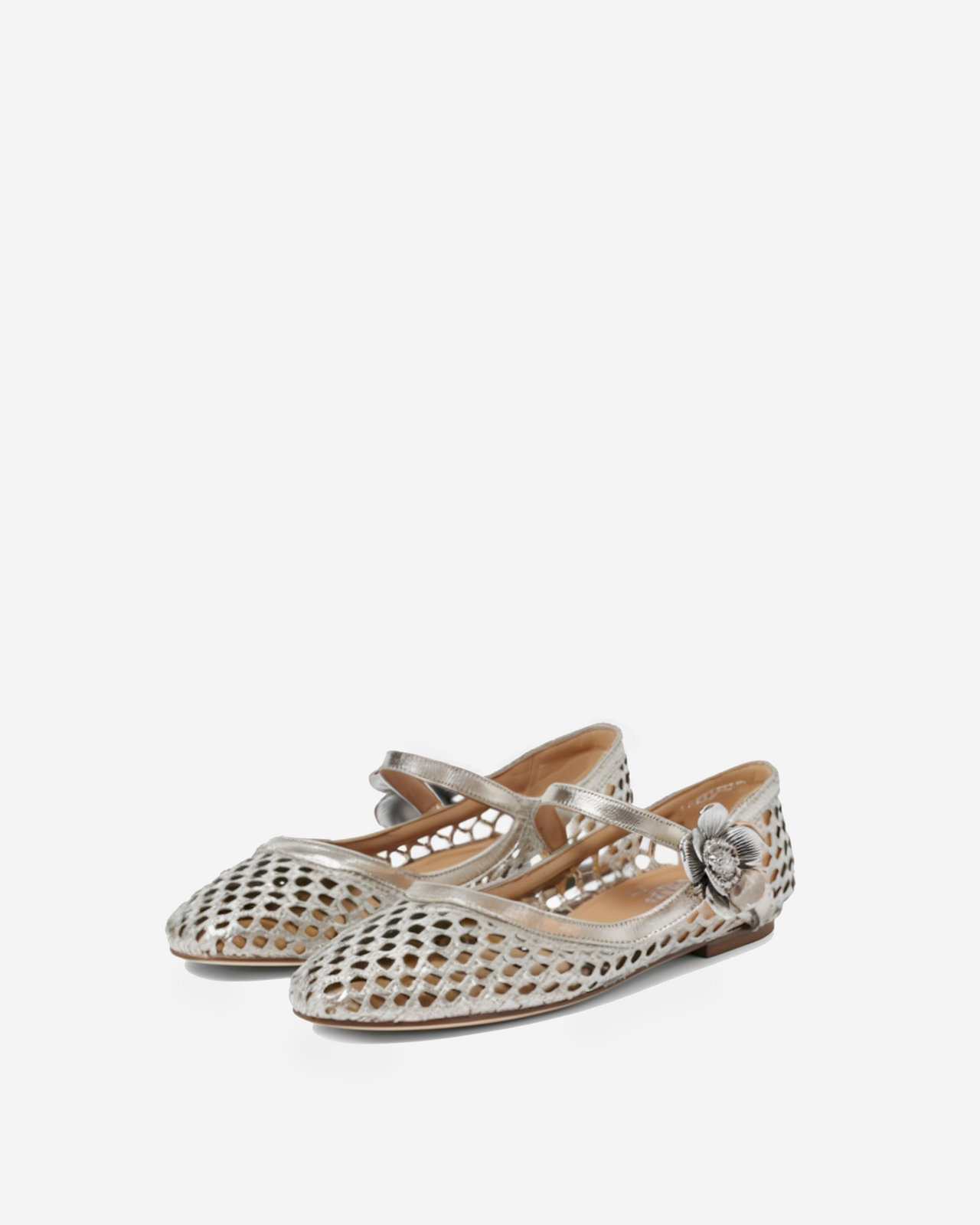 Adeline Mesh Ballet Flats with Flower Detail - Silver