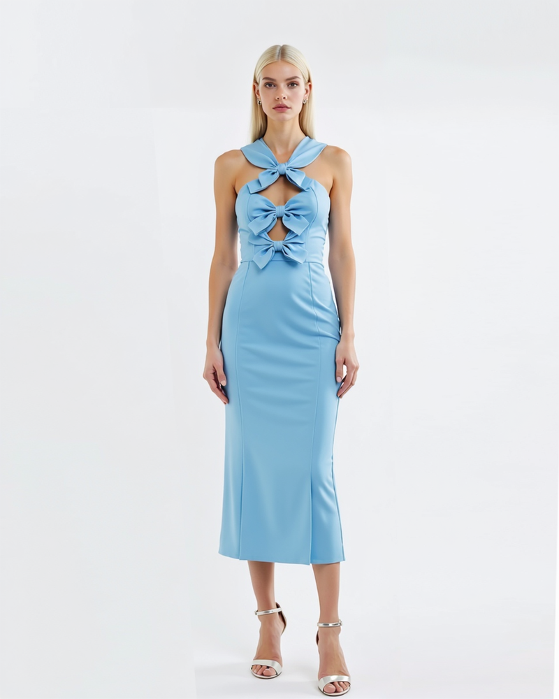 Bow-Detail Midi Dress - Light Blue