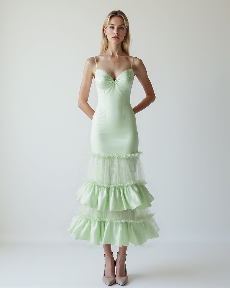 Satin Ruffled Dress - Mint Green