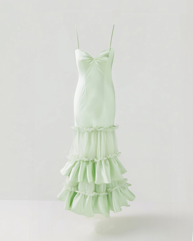 Satin Ruffled Dress - Mint Green