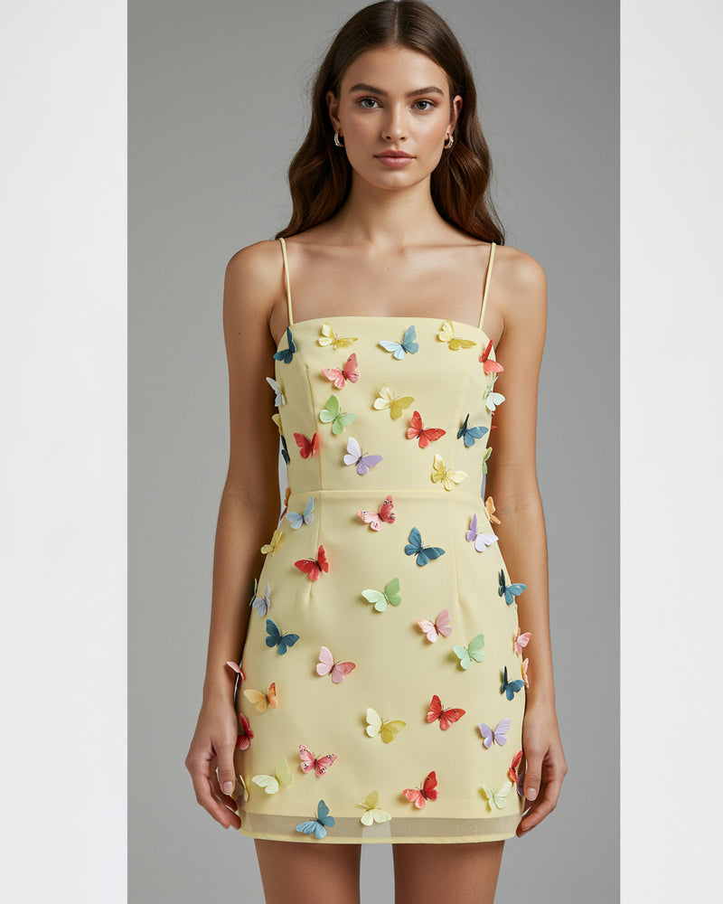 Hitomi 3D Butterfly Embellished Strappy Dress - Pastel Yellow