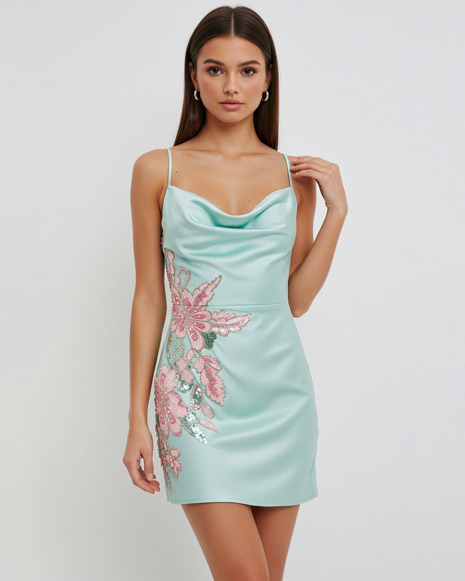 Ariana Floral Embellished Satin Mini Dress - Mint Green