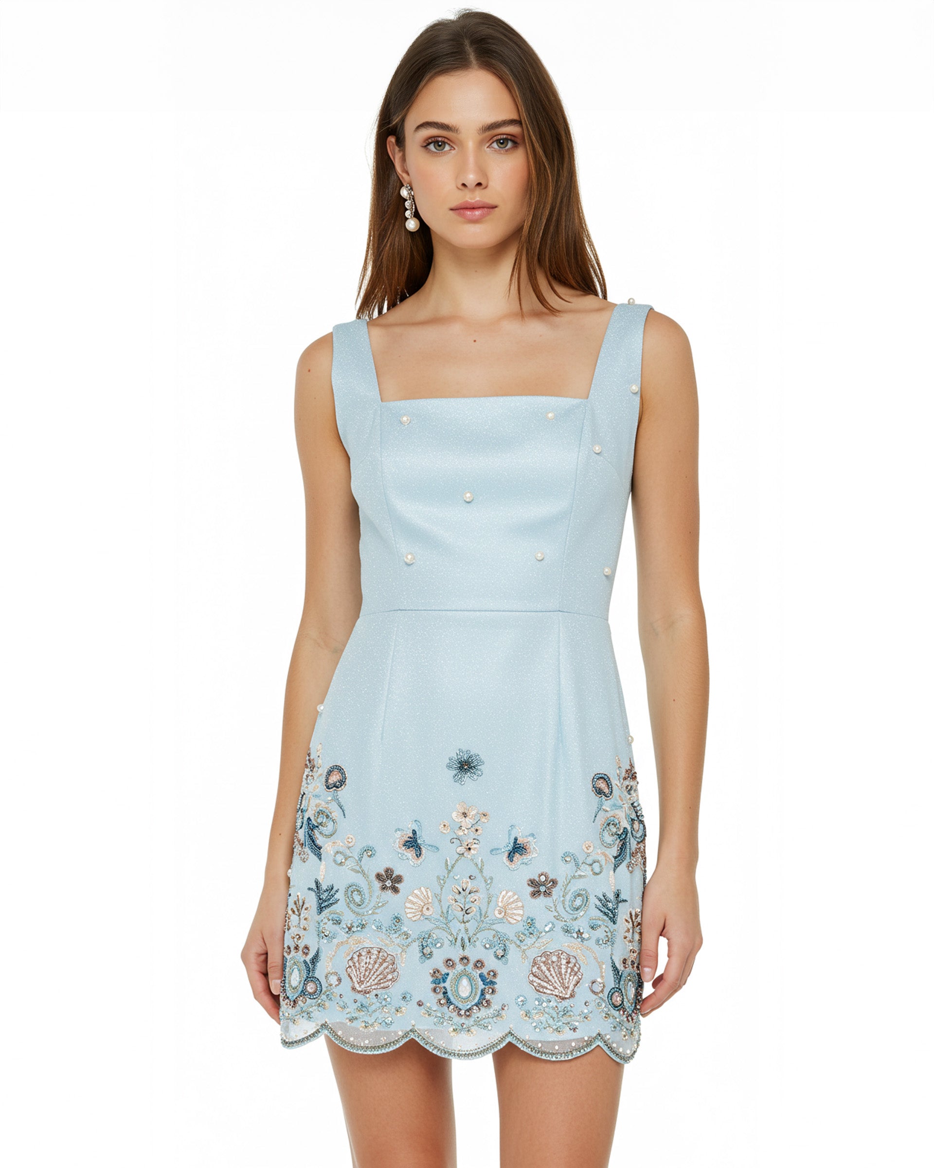 Clara Floral Embellished Mini Dress - Light Blue