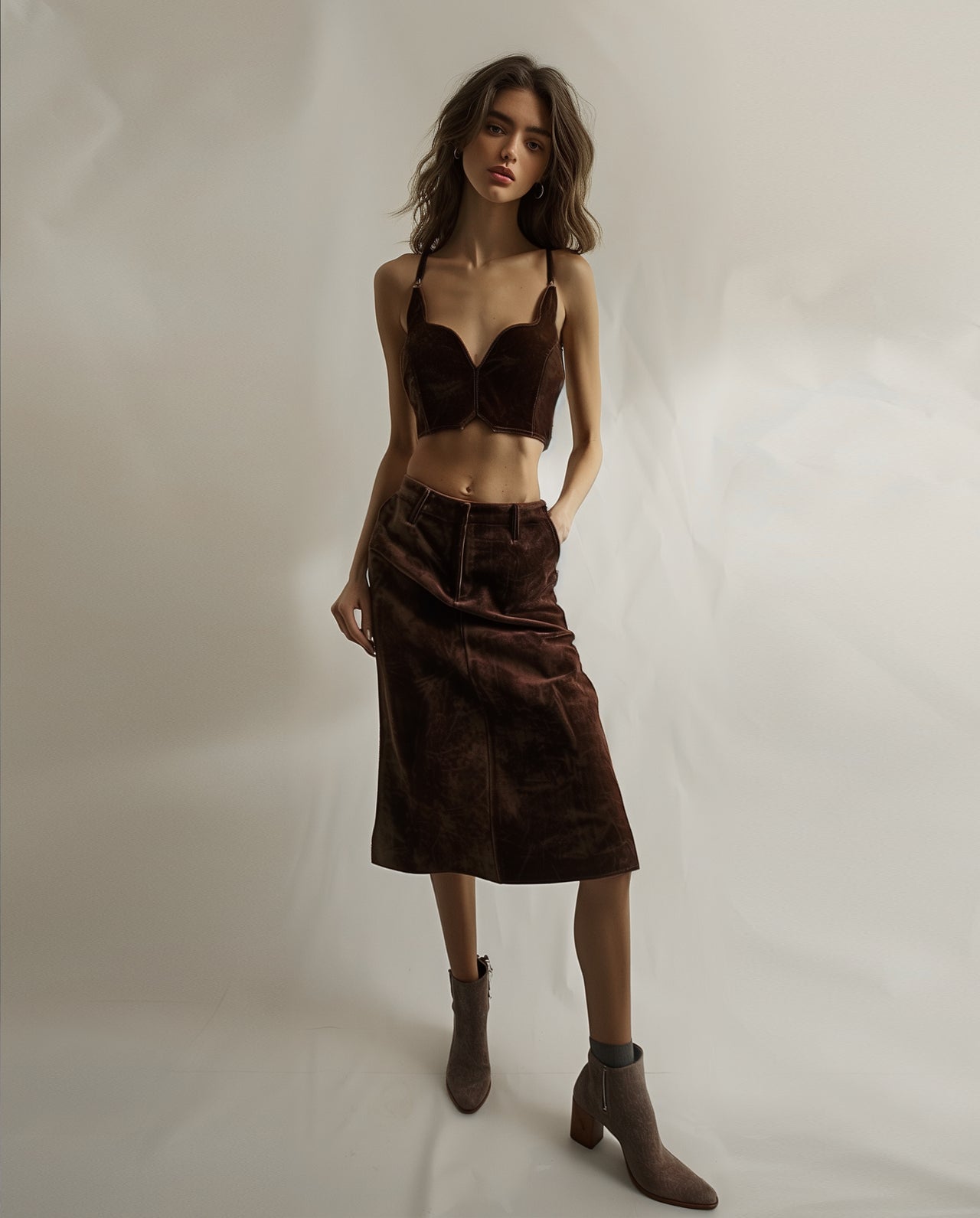 Nora Crop Top with Skirt Set - Brown