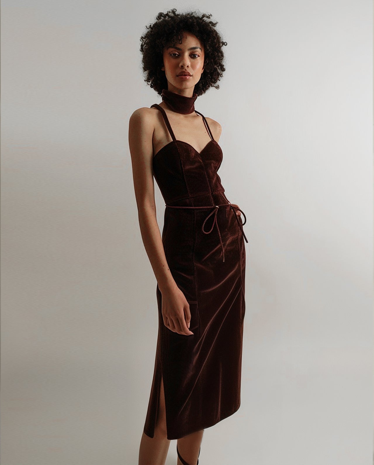 Victoria Midi Dress with Halter Neck and Slit - Brown