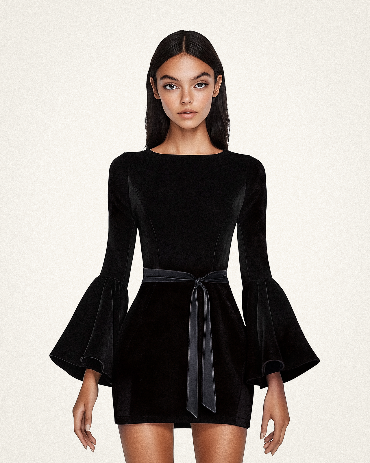 Anna Flared Sleeves Sueded Dress - Black