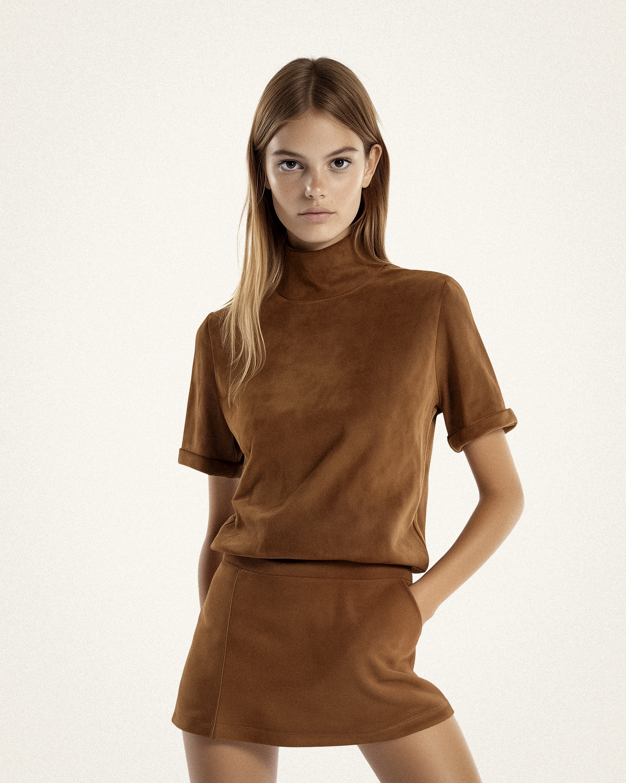 Caroline Sueded Turtleneck Mini Dress - Brown