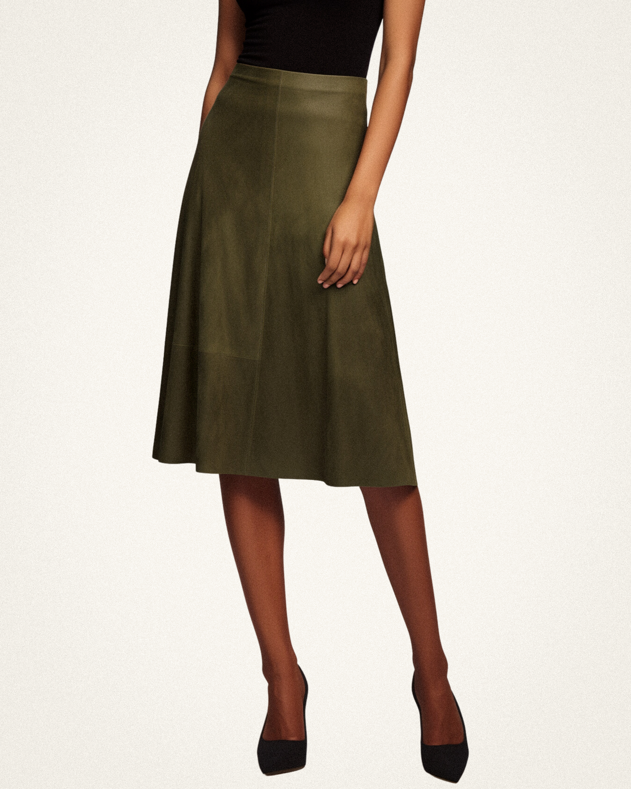 Violet Suede Flared Midi Skirt - Olive