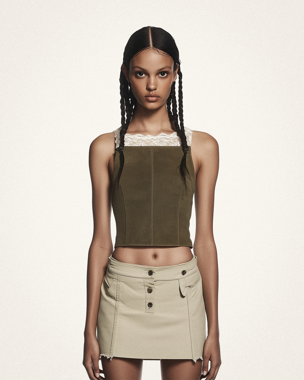 Josephine Lace Trimmed Crop Top - Olive Green