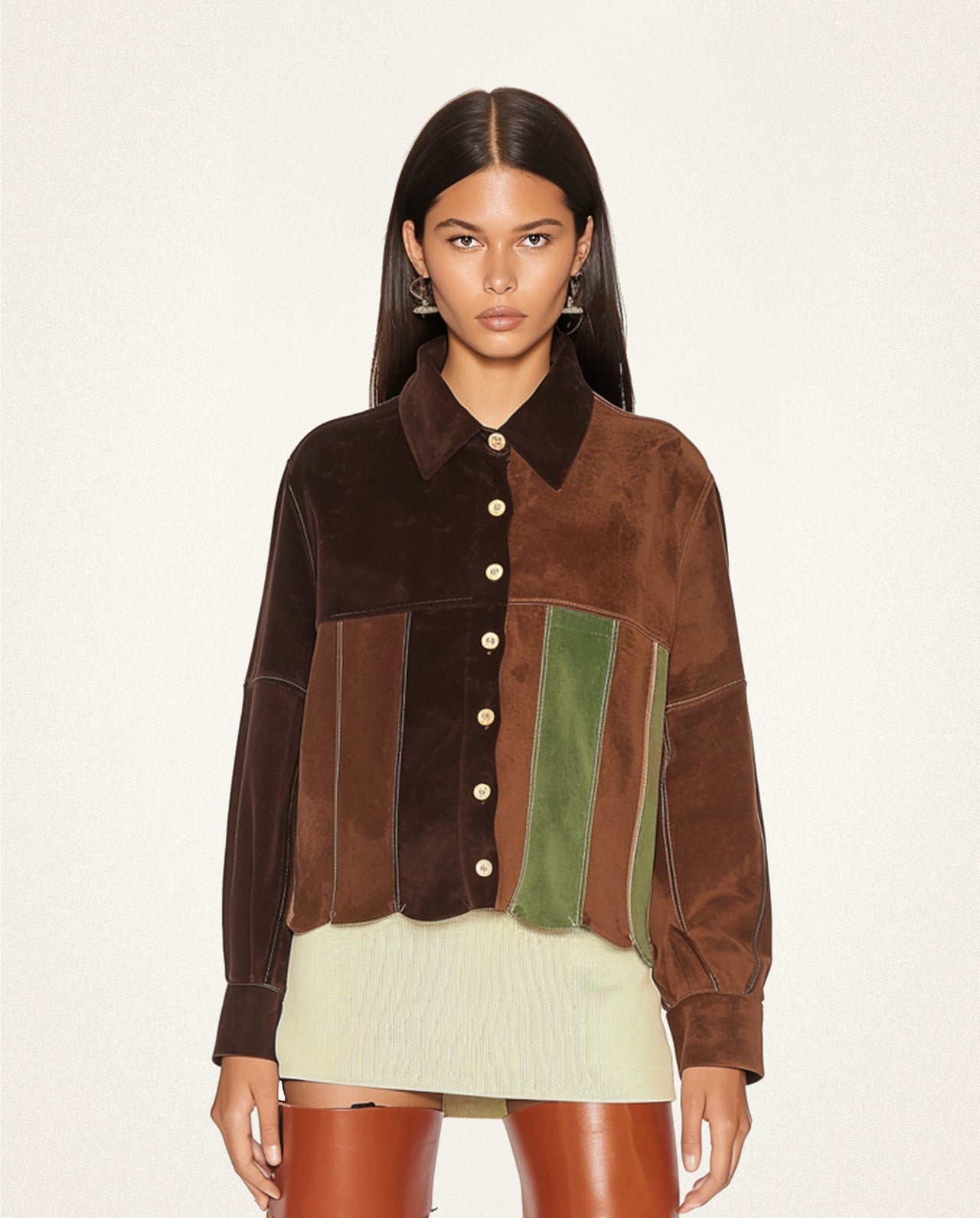 Aaliyah Patchwork Button-Up Top - Brown/Green