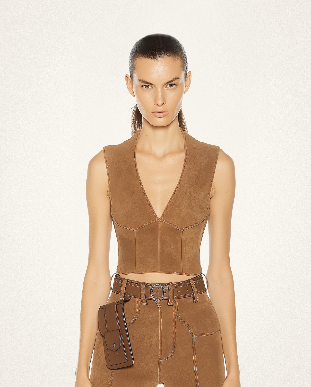 Emma V-Neck Fitted Top - Tan