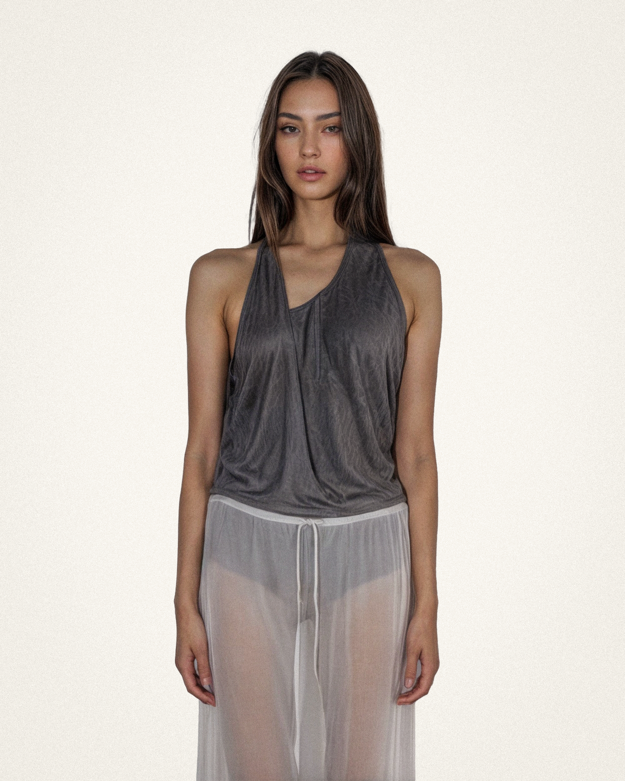 Isla Asymmetric Draped Sueded Halter Top - Taupe