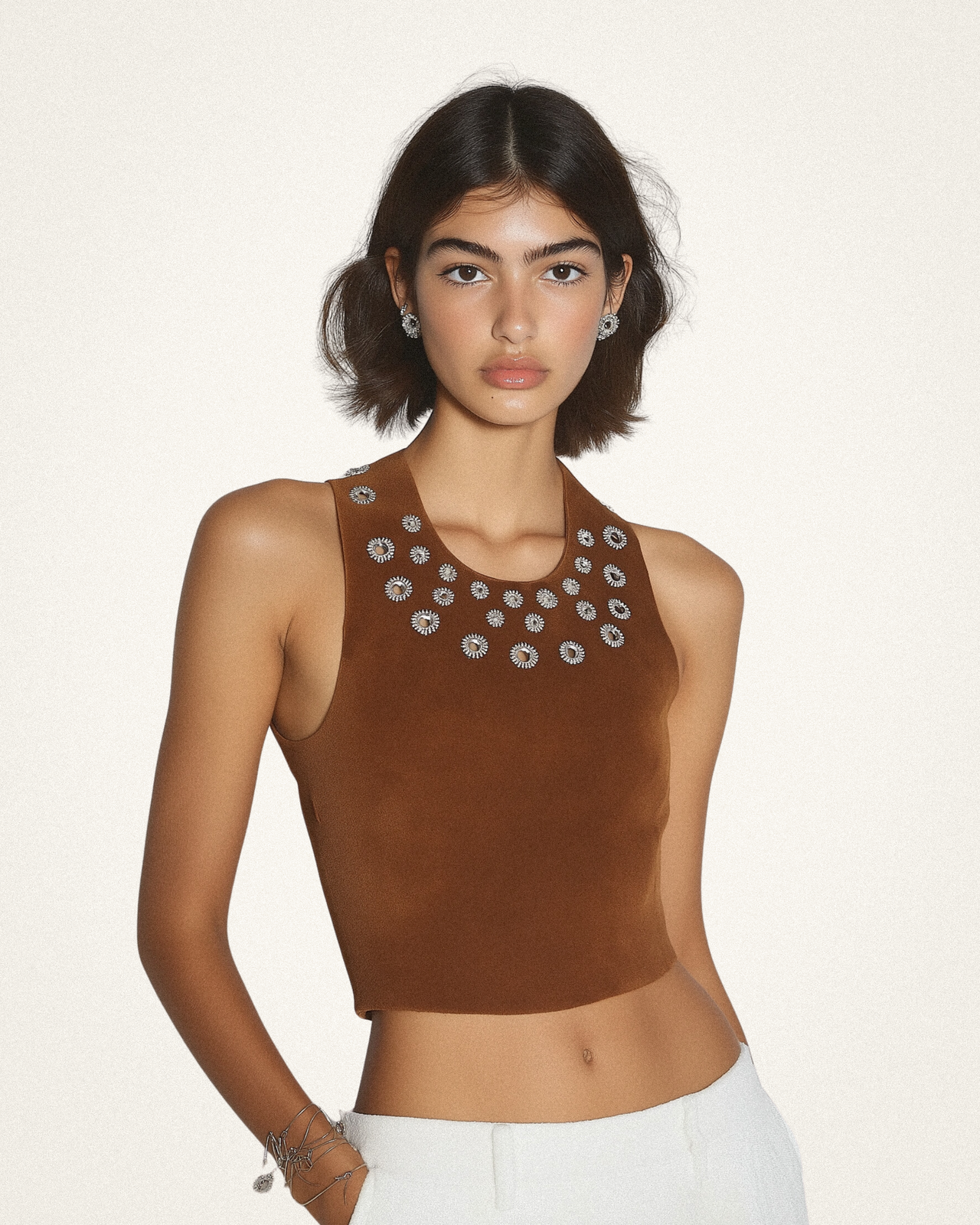 Adeline Crop Top with Embellished Neckline - Brown