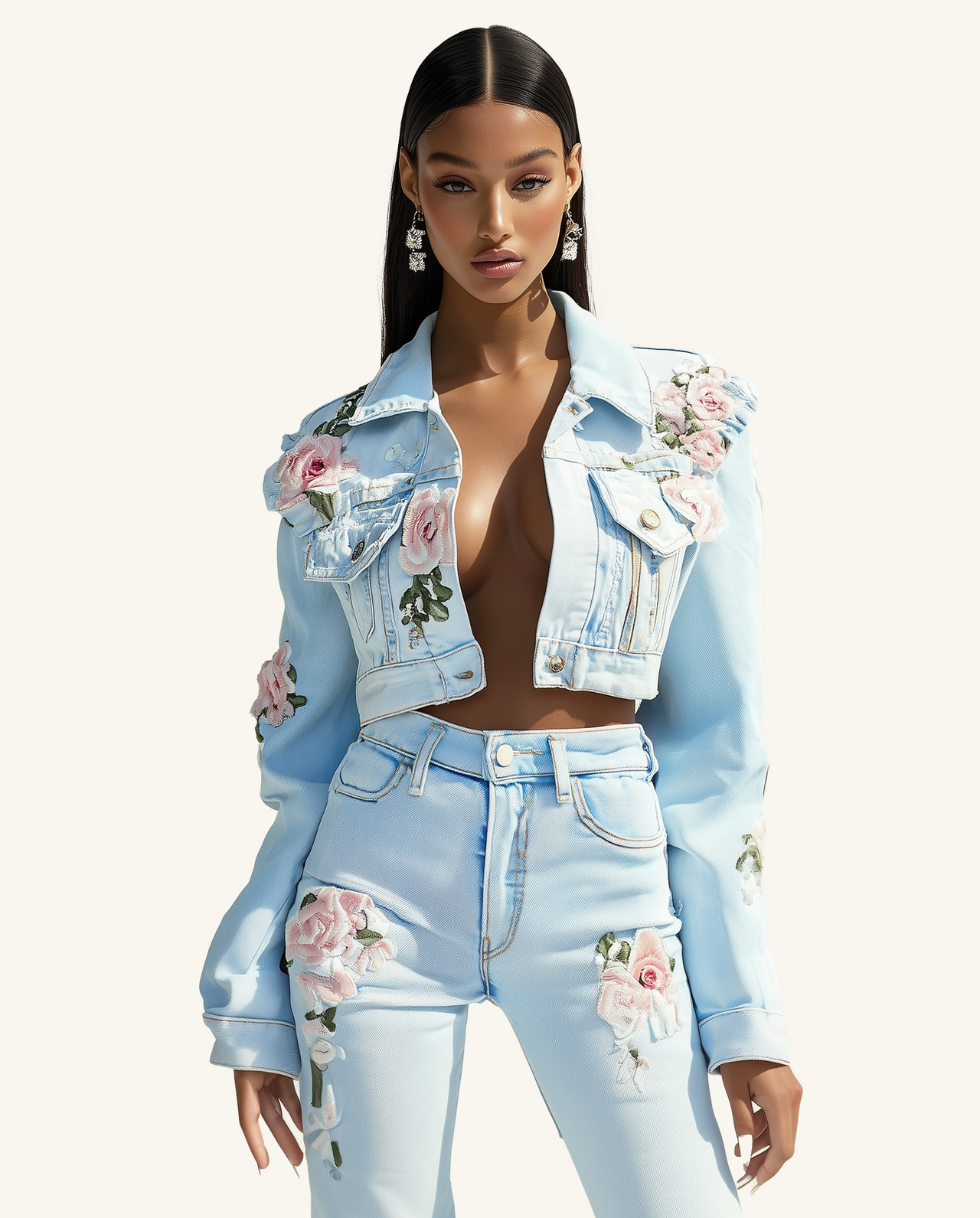 Olivia Floral Embroidered Denim Jacket - Light Blue