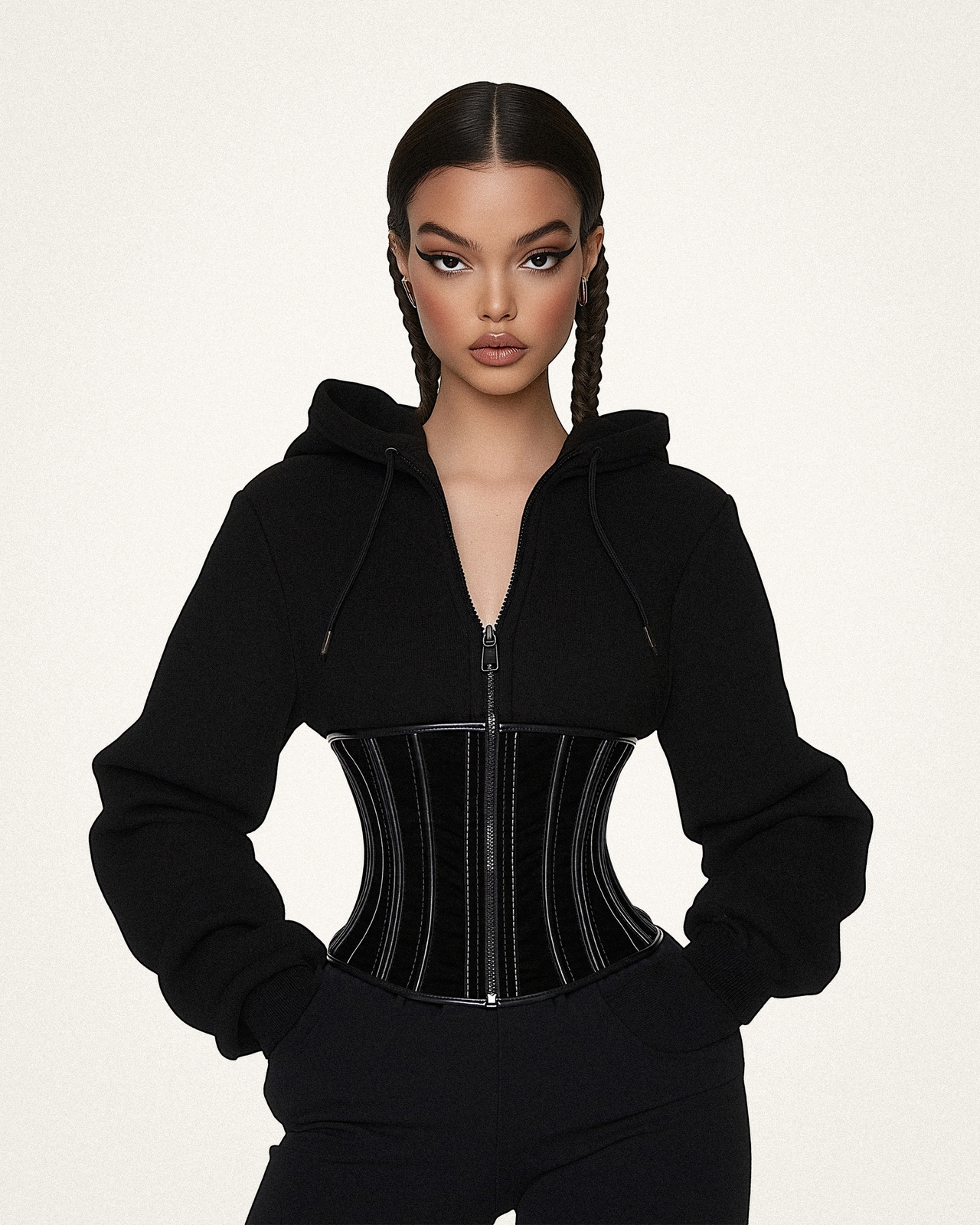 Emily Corset-Panel Hoodie - Black