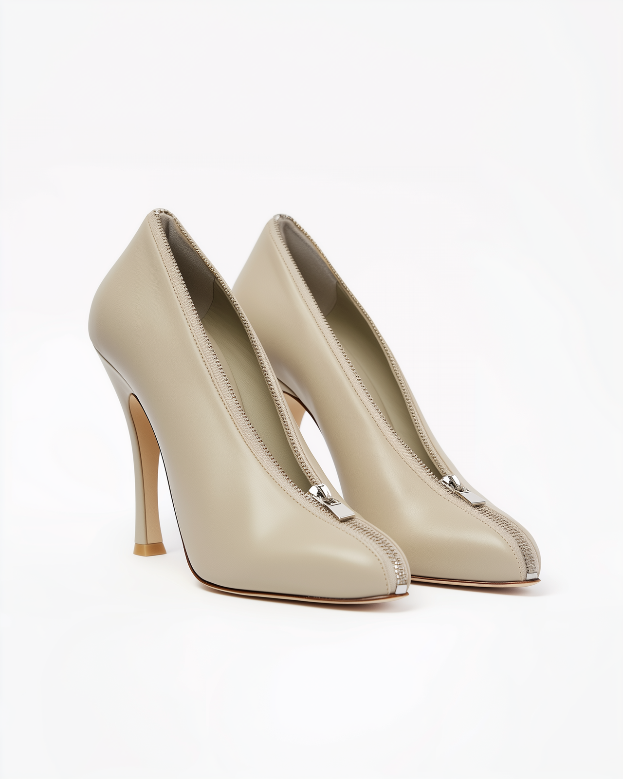 Lillian Classic Zipper Leather Pumps - Beige