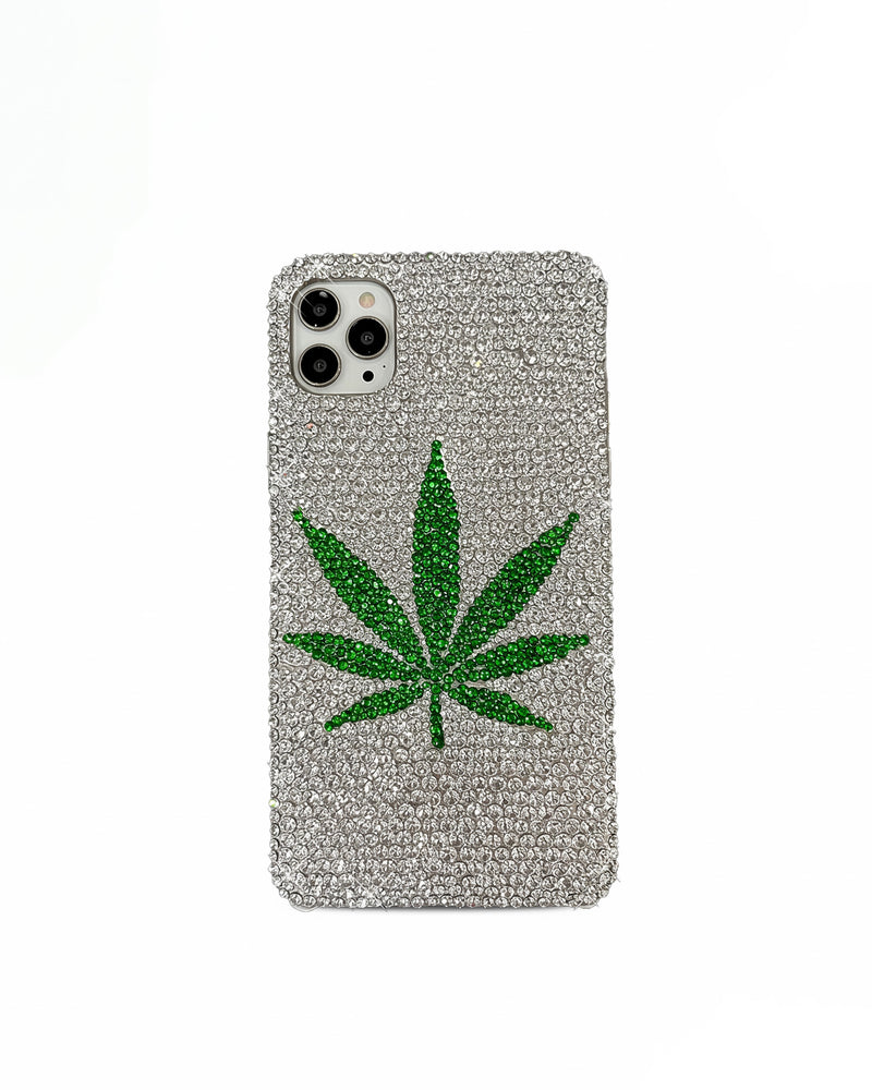 Sparkling Leaf Glam Phone Case - Silver/Green