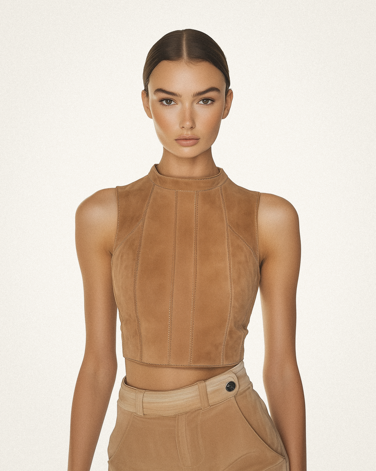 Emily Mock Neck Suede Crop Top - Brown