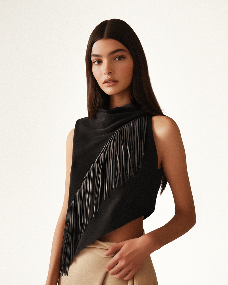 Adeline Asymmetric Fringe Sueded Top - Black