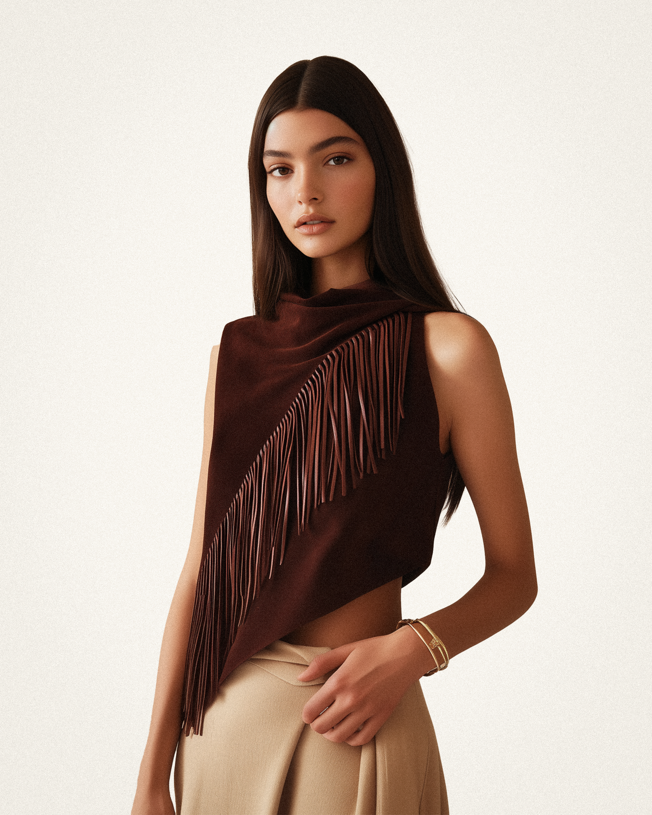 Adeline Asymmetric Fringe Suede Top - Burgundy