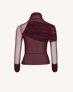 Ella Sheer Ruched Turtleneck Top - Burgundy