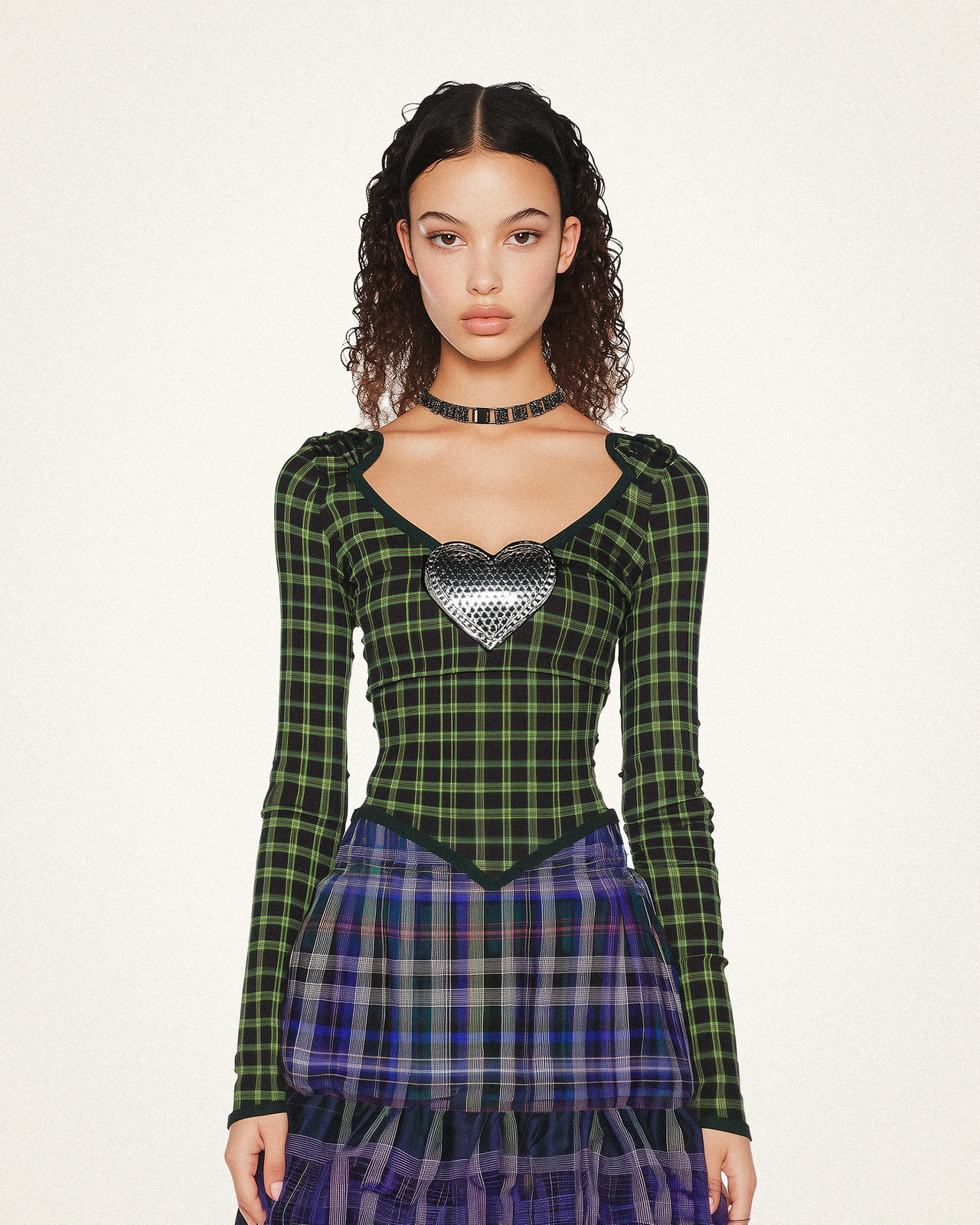 Quinn Plaid Heart-Accent Top - Green