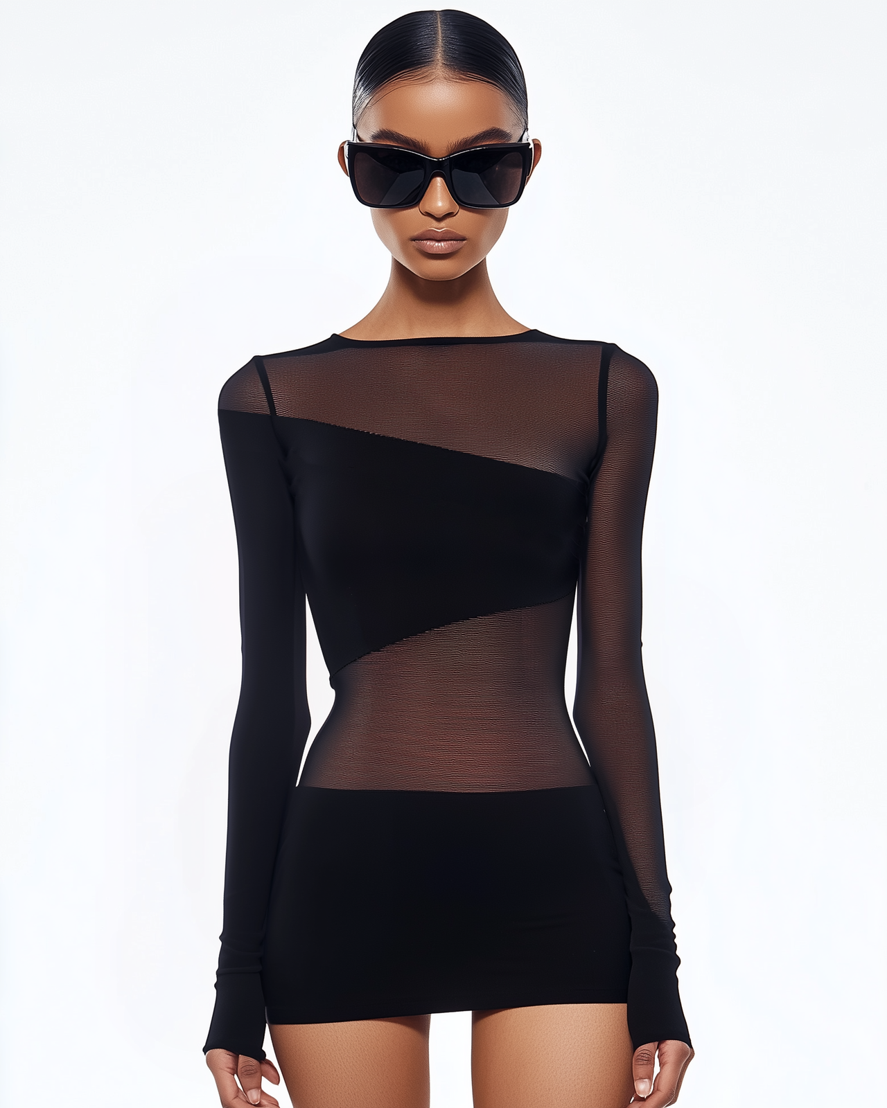 Clara Asymmetric Mesh Panel Top - Black