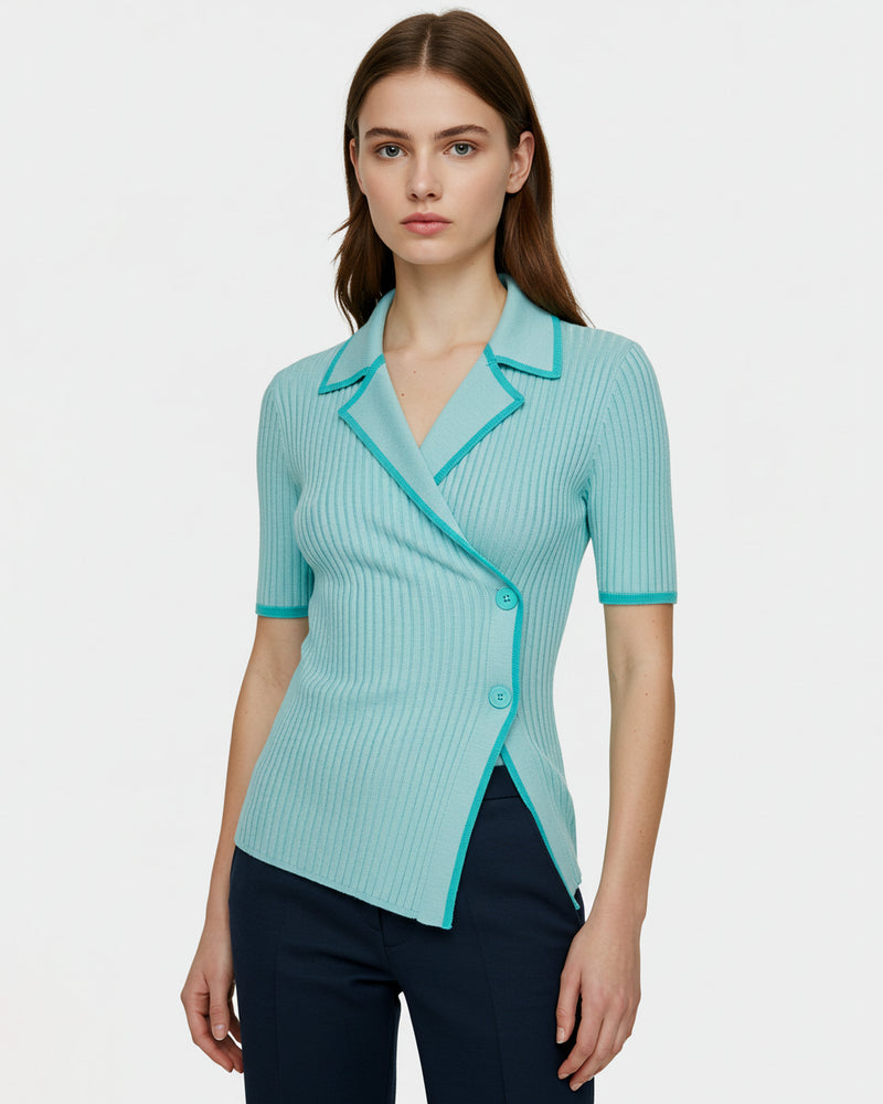 Emily Ribbed Buttoned Polo - Aqua