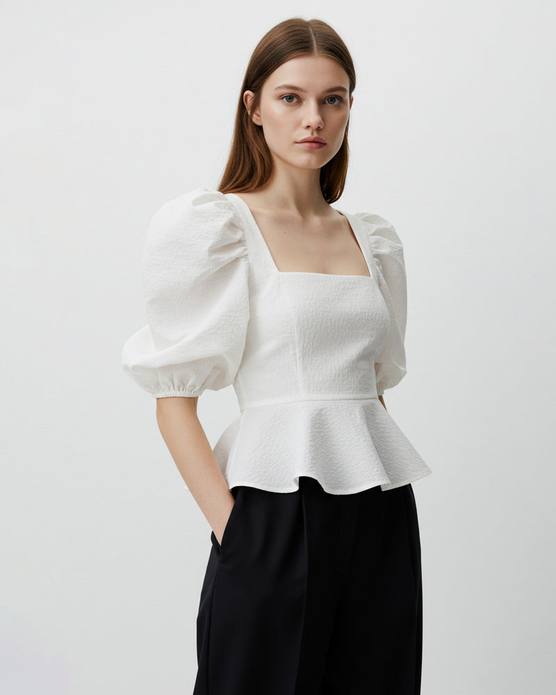 Emilia Peplum Top with Puff Sleeves - White