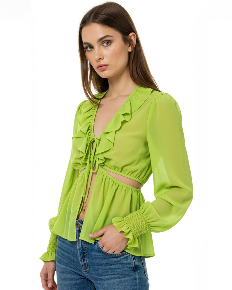 Adeline Ruffled Cut-out Blouse - Lime Green