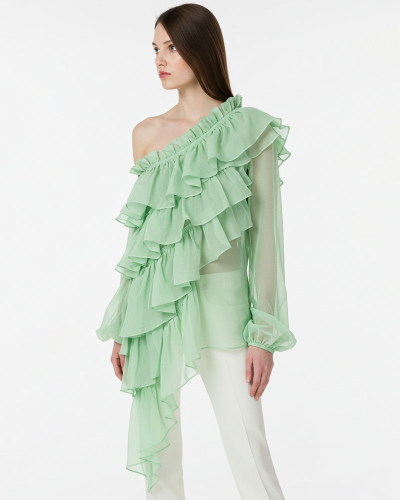 Skylar Asymmetrical Ruffled Blouse - Green