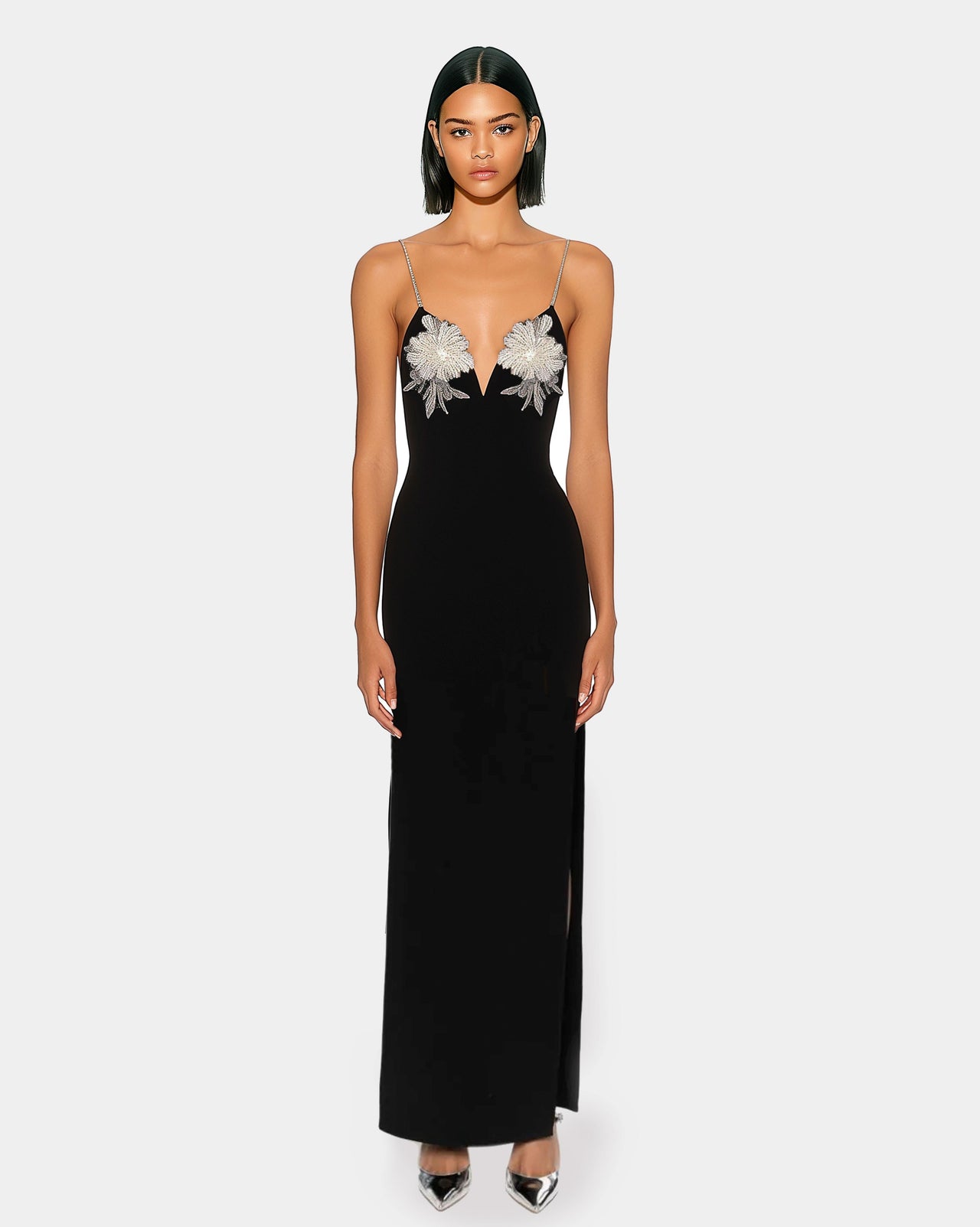 Ayliua Sweetheart-Neckline Rhinestones Embellished Black Long Dress - Black