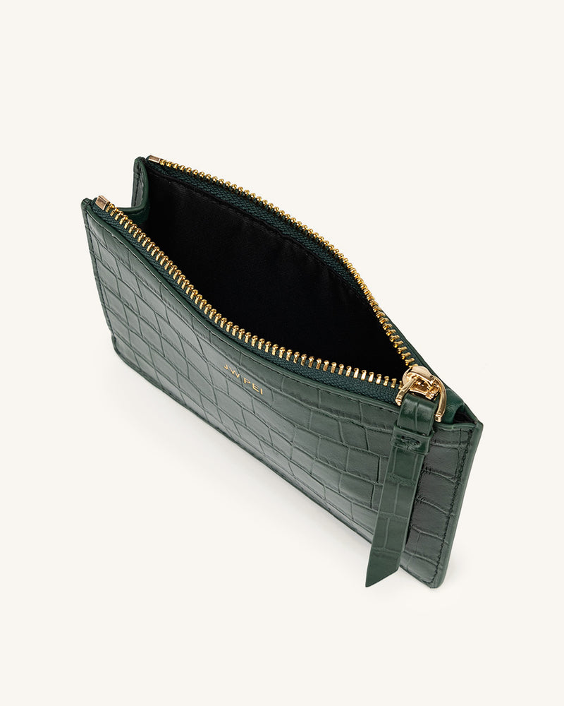 Quinn Zipped Card Holder- Dark Green Croc