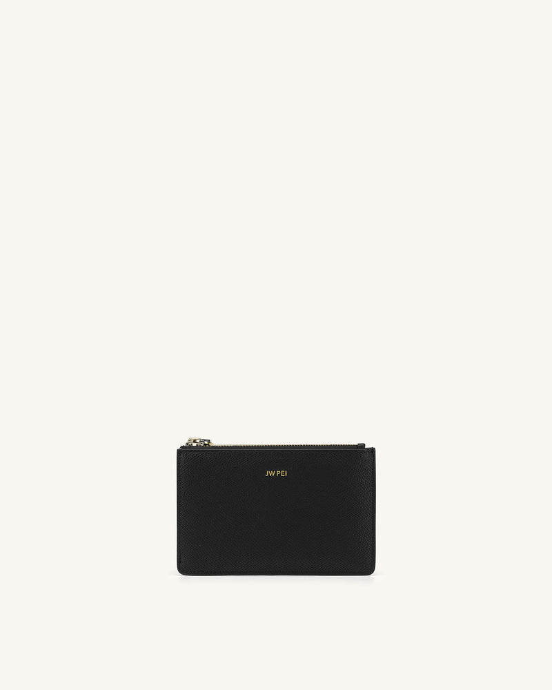 Quinn Zipped Card Holder- Black Grained Vegan Leather