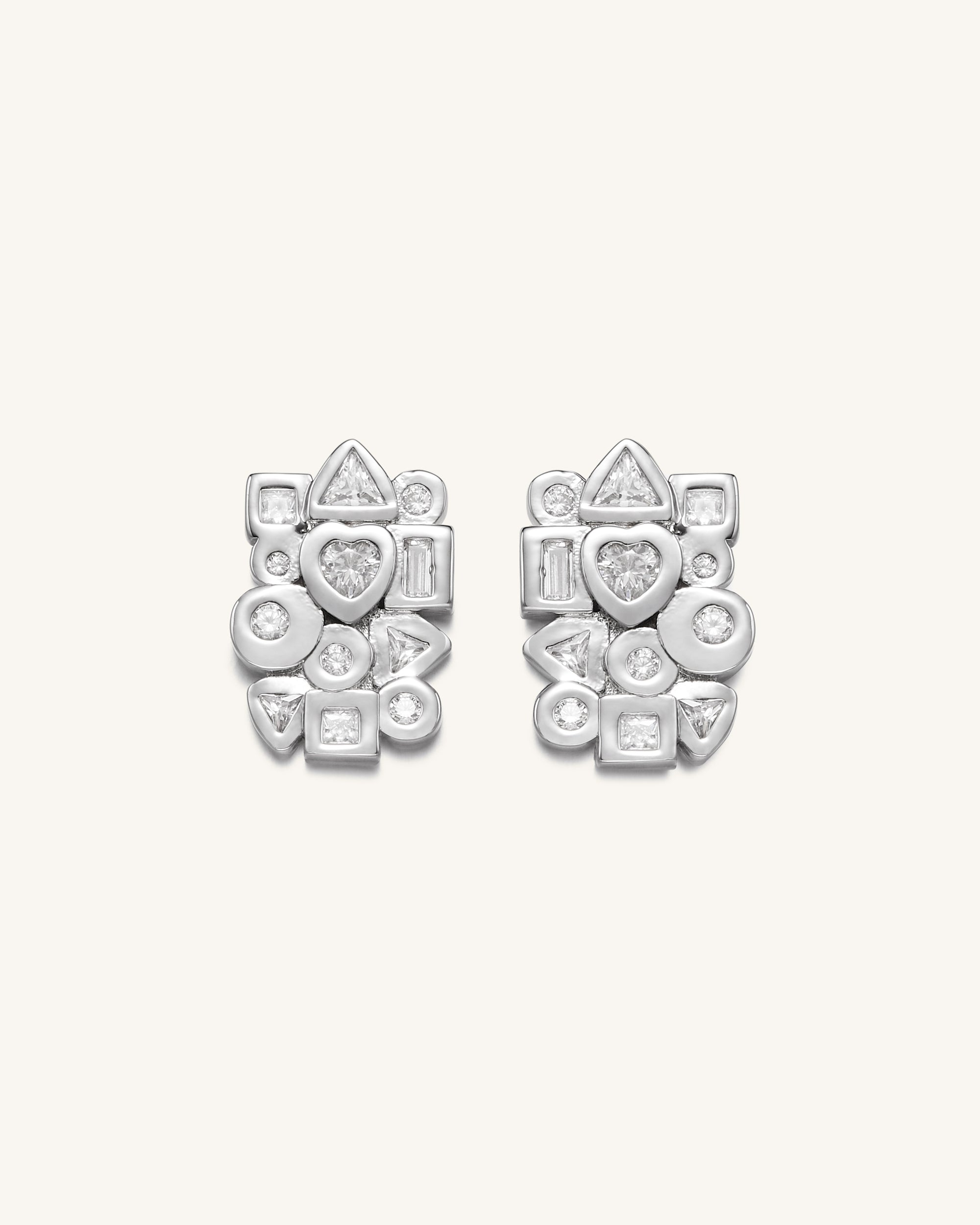 Geometrical Combination Earrings - 18ct White Gold Plated & White Zircon