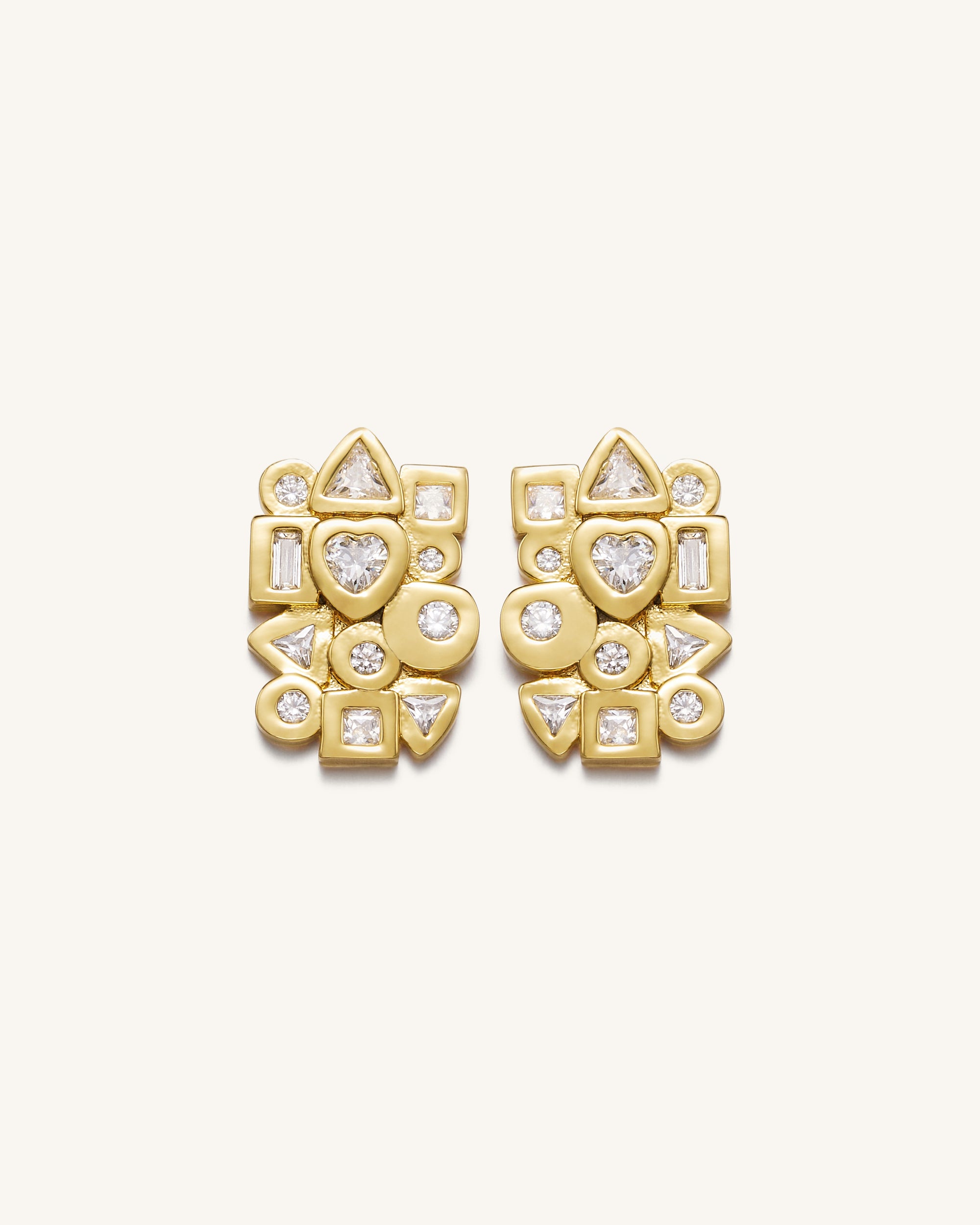 Geometrical Combination Earrings - 18ct Gold Plated & White Zircon