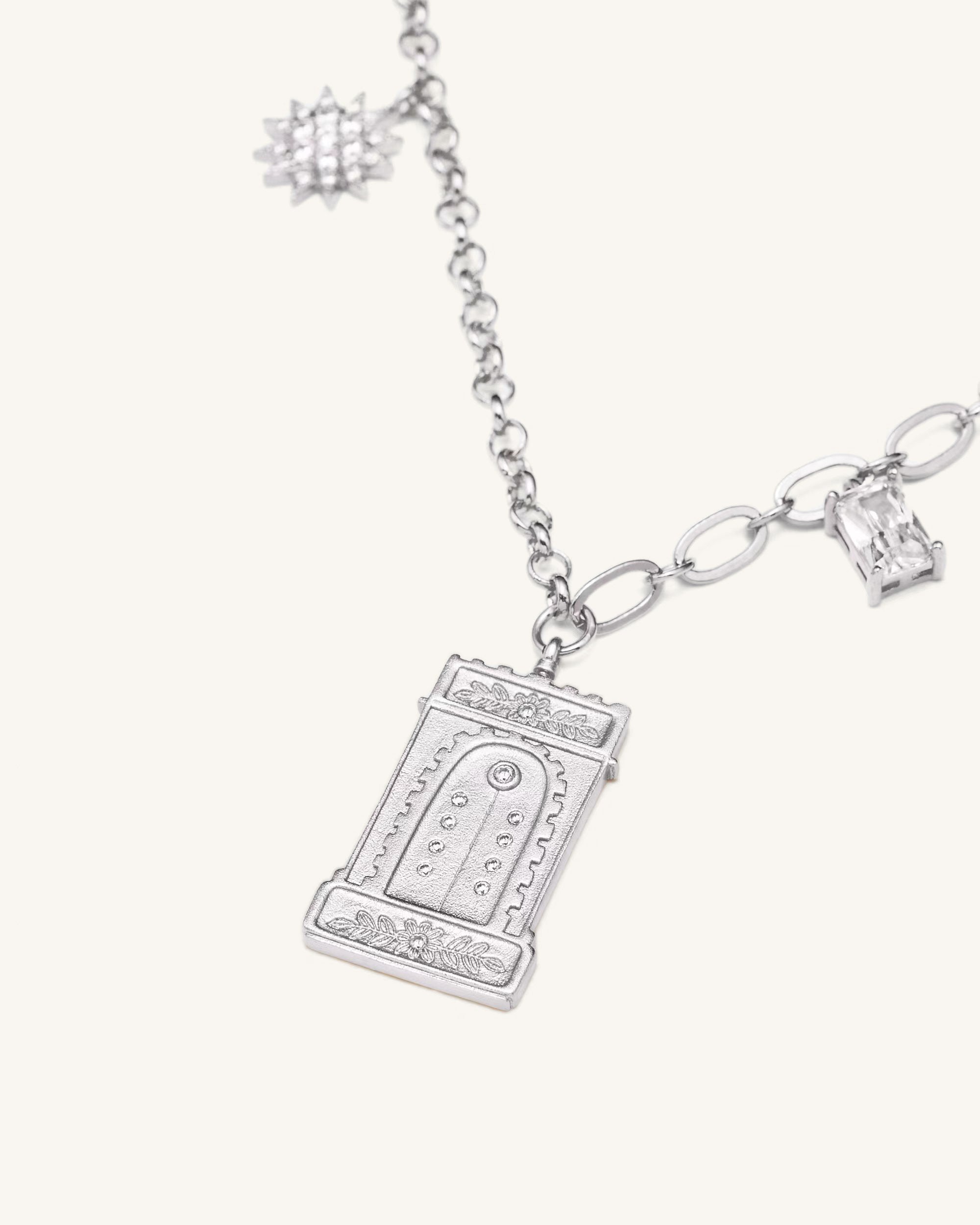 Roman Arch Pendant Necklace - 18ct White Gold Plated & White Zircon